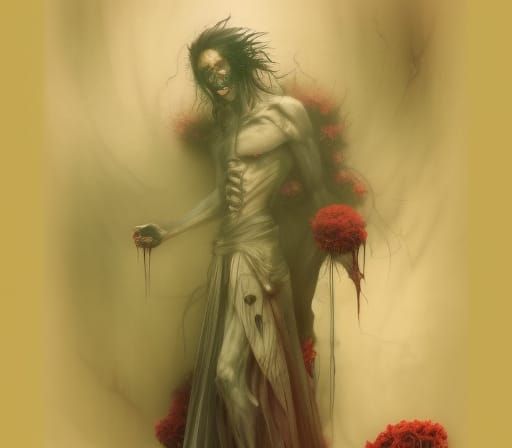 Undead Man Infected with Flowers in Dark Fantasy Style