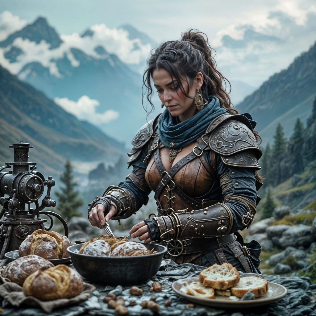 Dwarven Bandit Bard Baking Bread: Cinematic Film Still