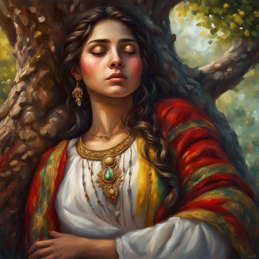 Kurdish Girl Sleeping in Tree, Detailed Oil Painting