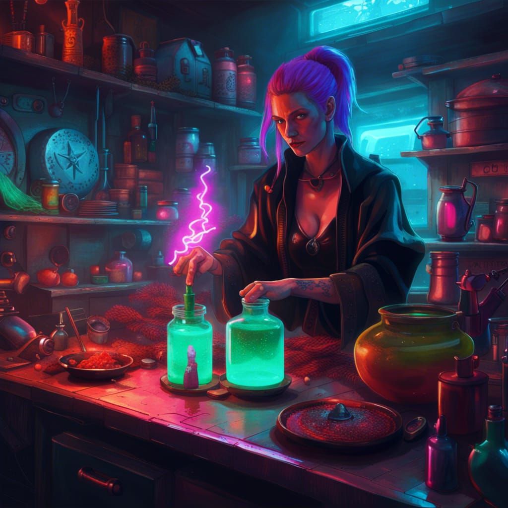 Ugly Witch Cooks Potion in Cyberpunk Style