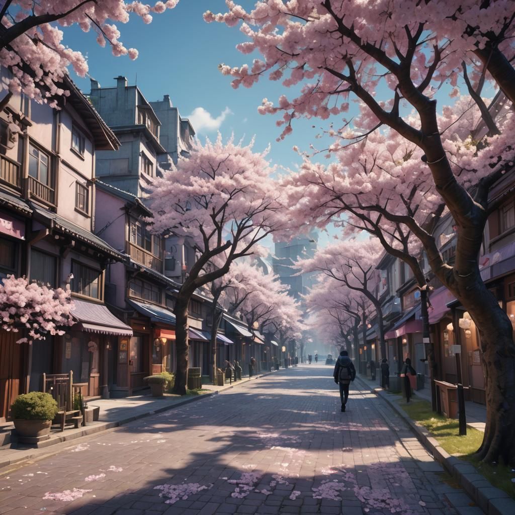 Cherry Blossom Trees in Town: Fantasy Concept Art