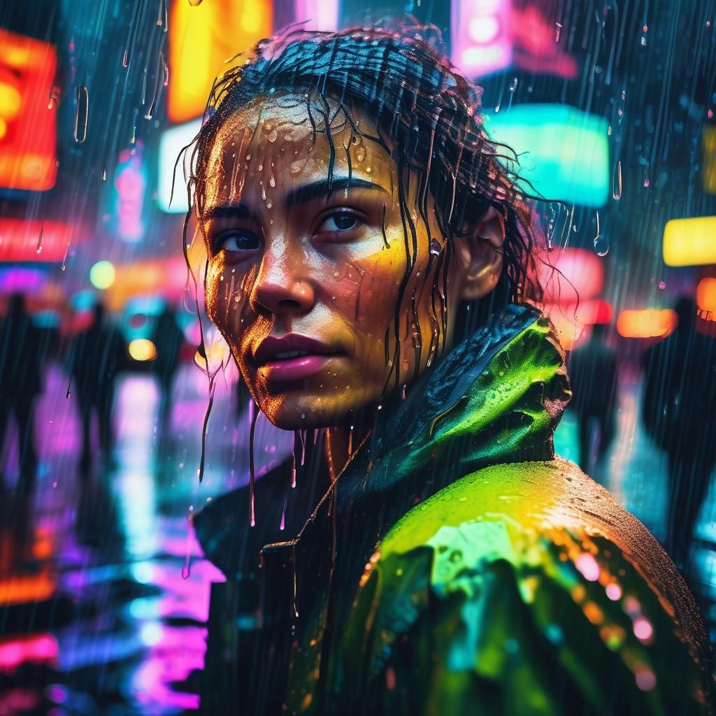 Rain-Kissed Portrait in Times Square: Impasto Fantasy Art