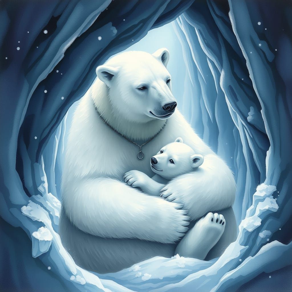 Polar Bear Mother in Icy Cave with Baby