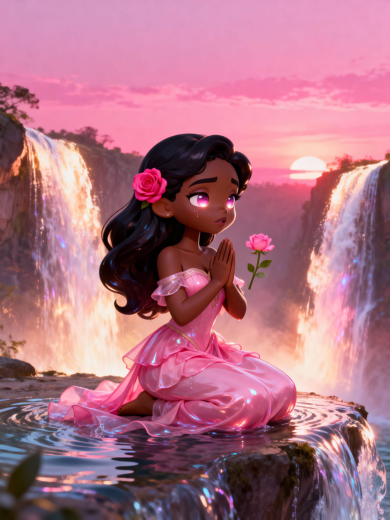 Chibi Woman in Prayer Pose at Waterfalls, Pink Sunset