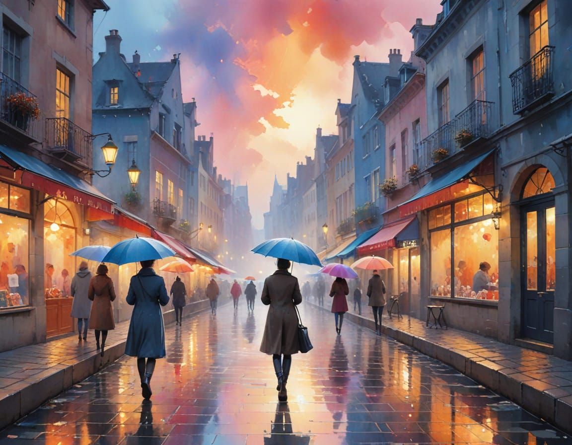 Luminous Canal City at Dawn in Watercolour Style