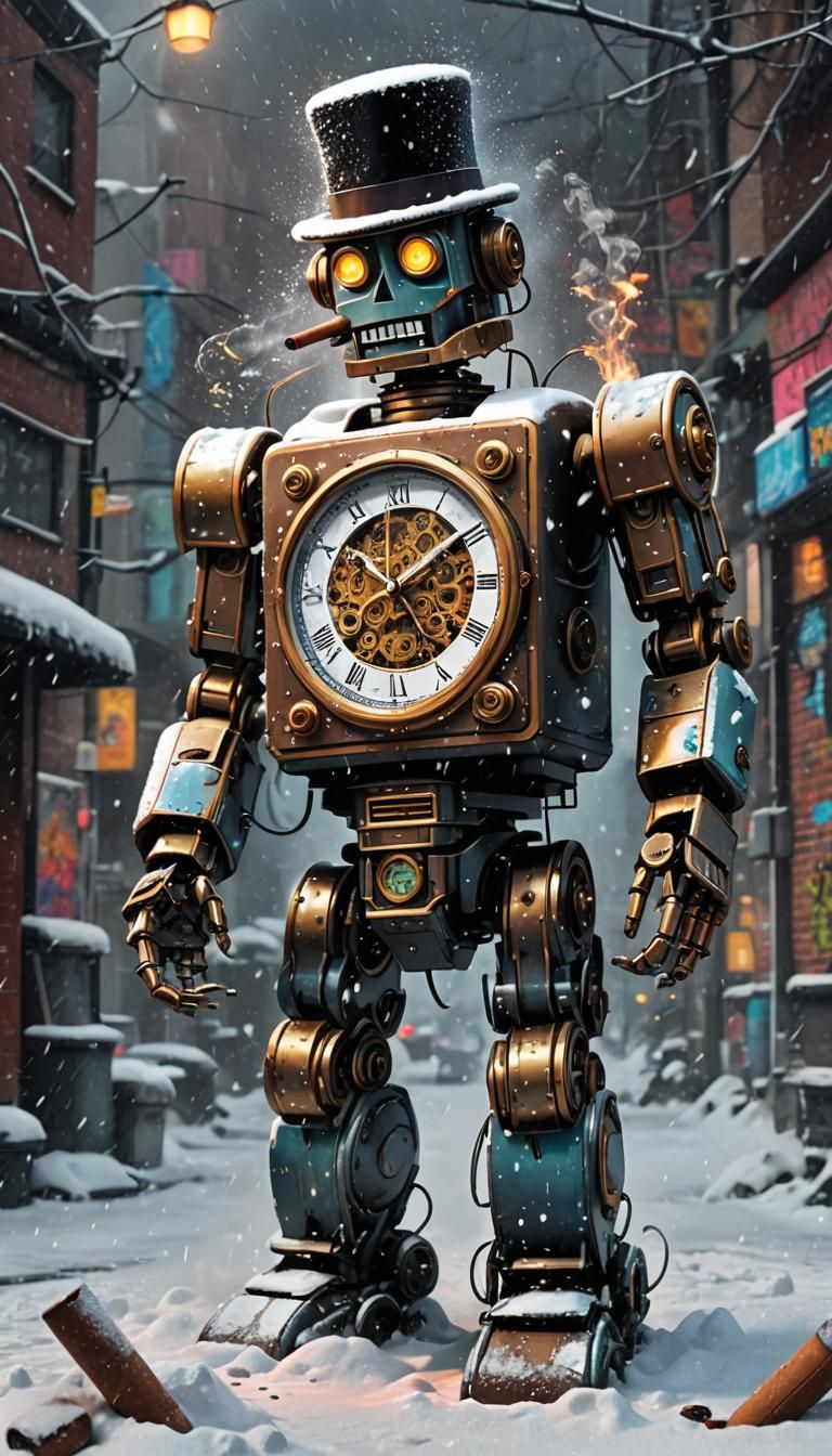 Robot Clock Smoking Cigar in Graffiti Street Art