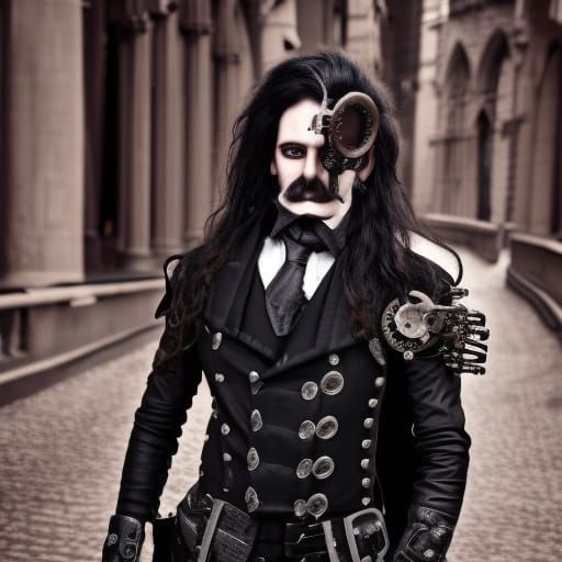 Gothic Steampunk Vampire with Engine, 1900s Photography