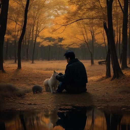 Boy and Wolf Puppy in Autumn Woods: Cinematic Film