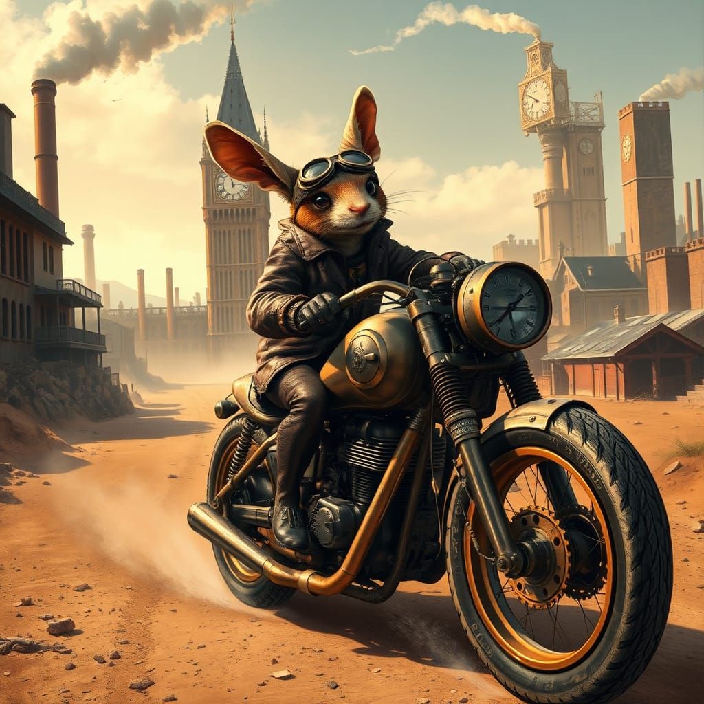 Steampunk Jerboa Rides Motorcycle on Deserted Road