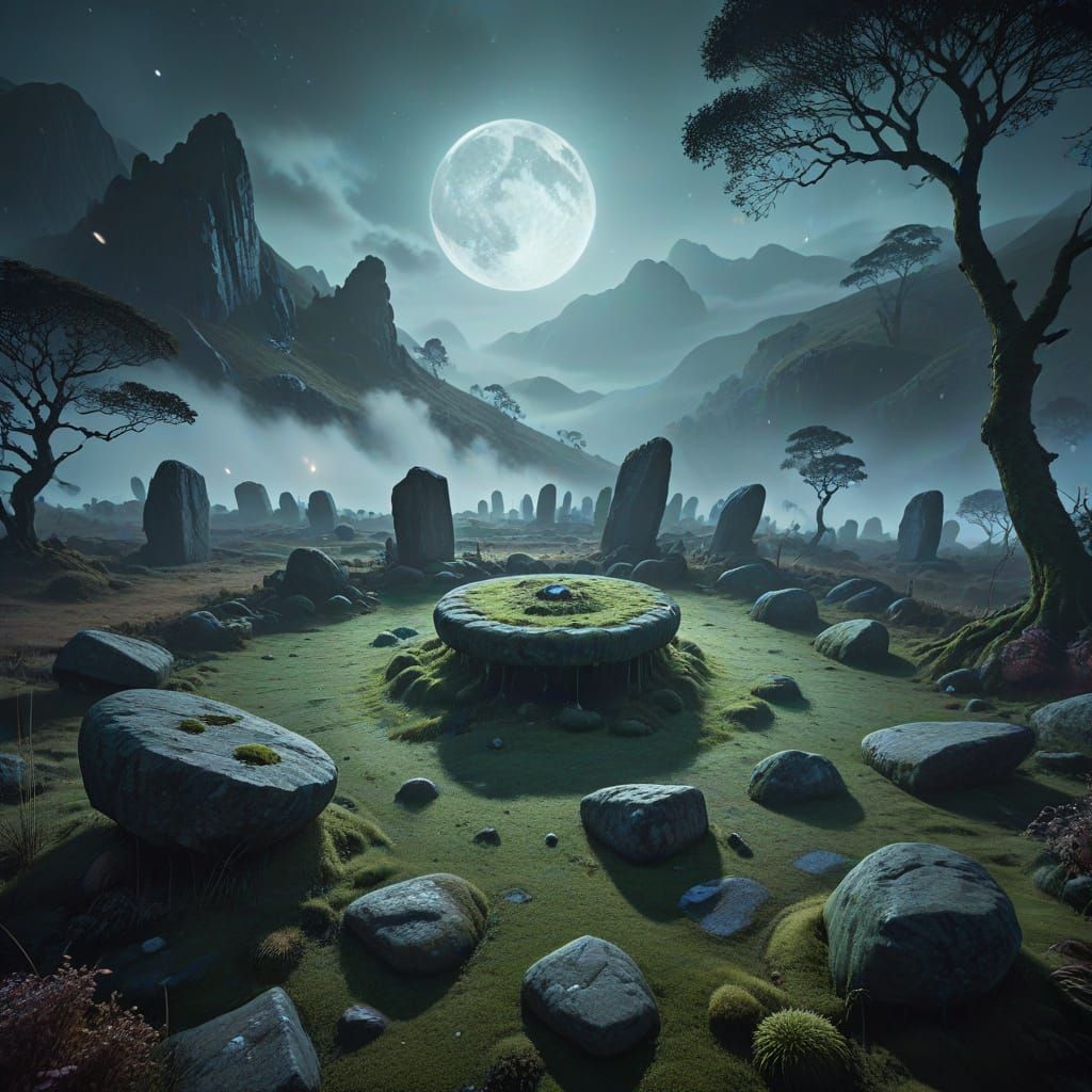 Misty Valley Stone Circle Under Moonlight