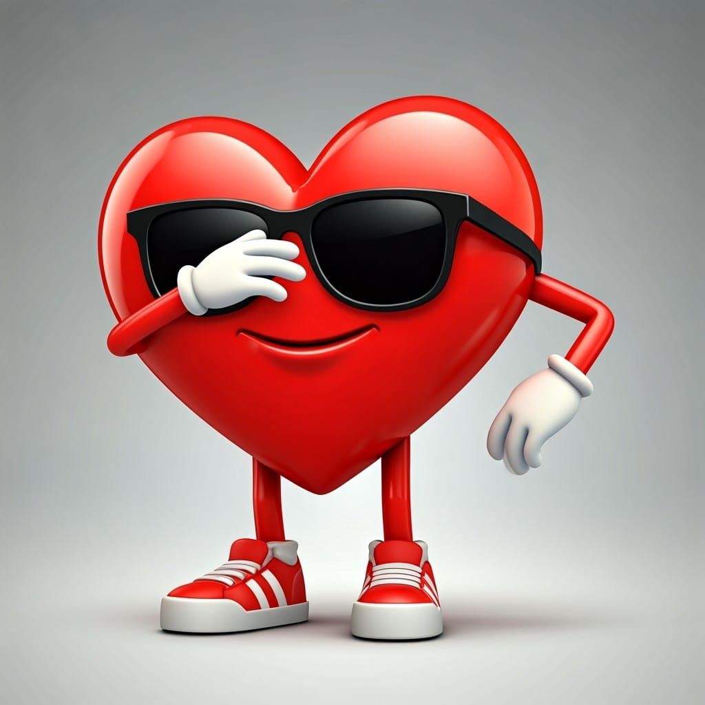 Vibrant Red Heart Character in Sporty, Cartoon Style