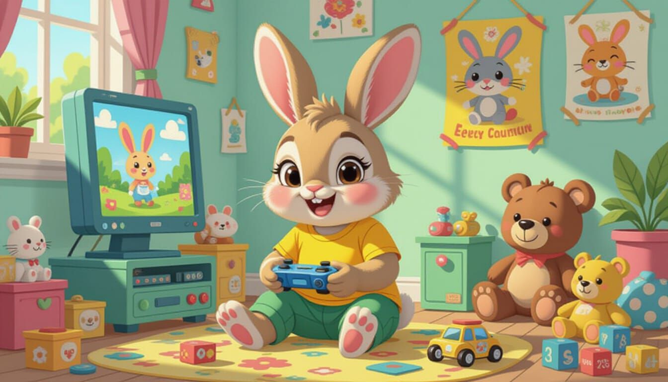 Rabbit Gamer in Whimsical Children's Room, Pastel Colors