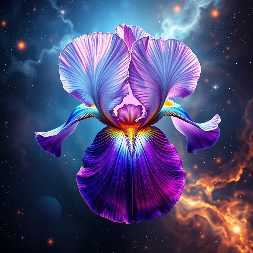Iridescent Iris in Nebula: Holographic Cosmic Art