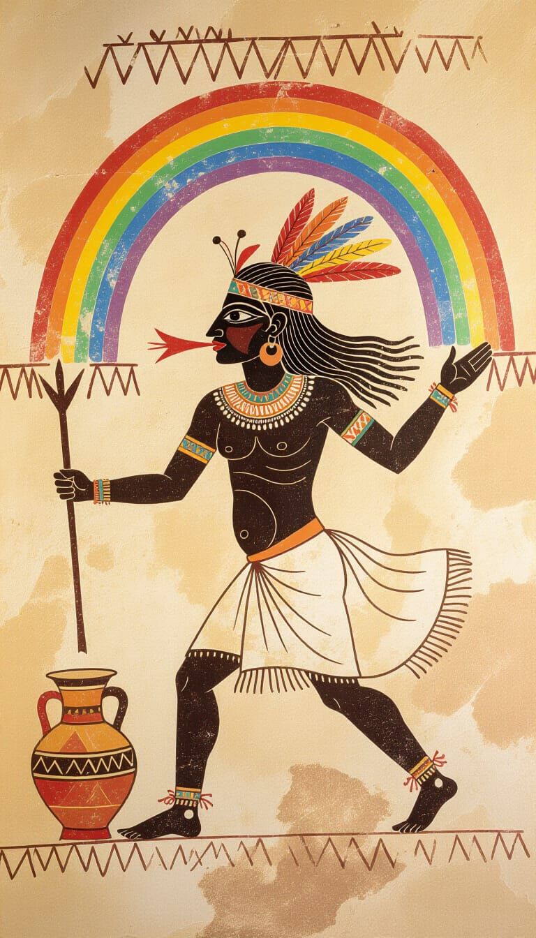 Ancient Cave Art: Dancing Figure and Rainbow Ritual