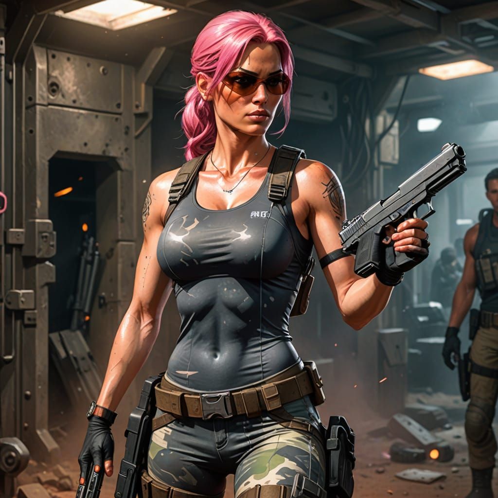 Camo Lara Croft with Desert Eagle, Comic Book Art