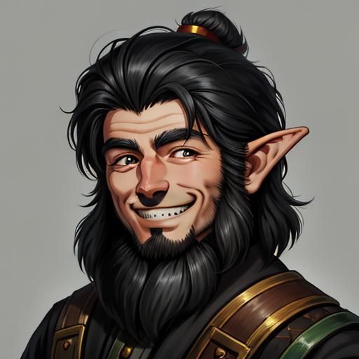 Gnome Inventor Portrait with Black Hair and Grin