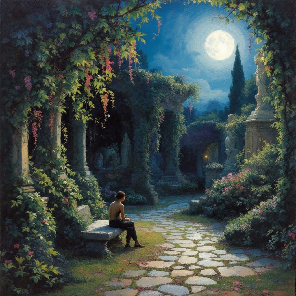 Romantic Moonlit Garden in Impressionistic Style