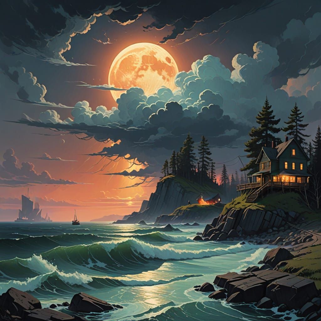 Majestic Full Moon Over Turbulent Stormy Sea