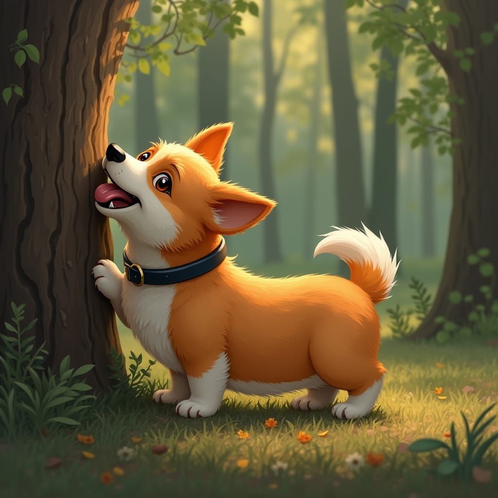 Corgi Biting Tree in Natural Environment
