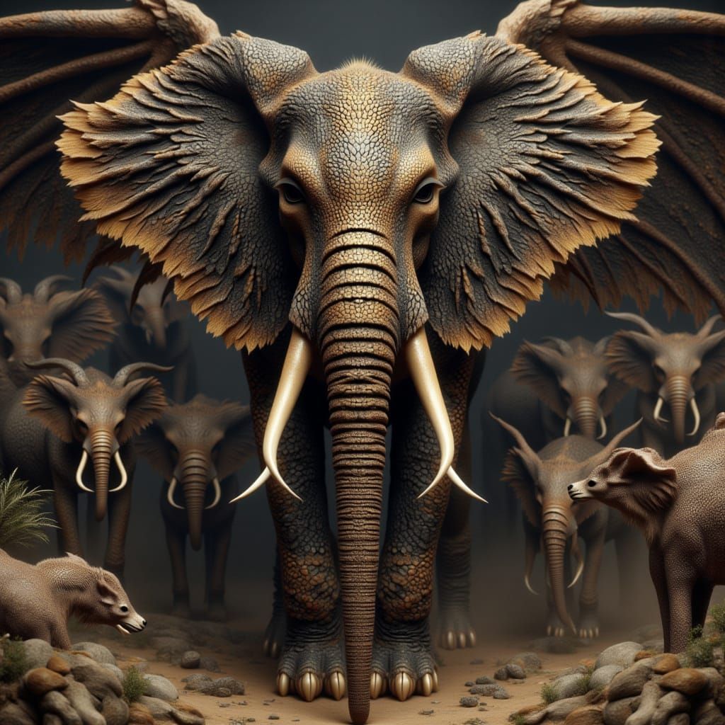 Elephant in Flight over Ancient Desert, Digital Art