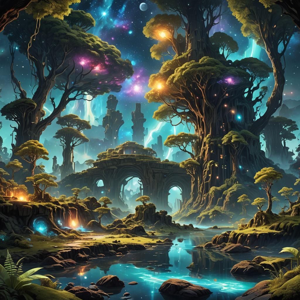 Bioluminescent Forest Merges with Cosmic Landscape in Digita...