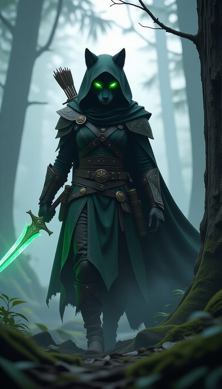 Ethereal Tabaxi Rogue Emerges from Shadowy Forest