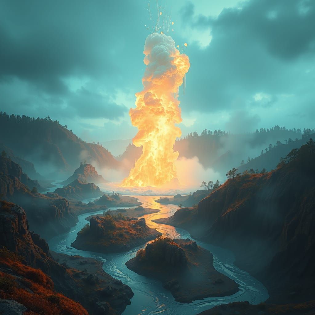 Erupting Geyser in Vibrant Art Nouveau Style