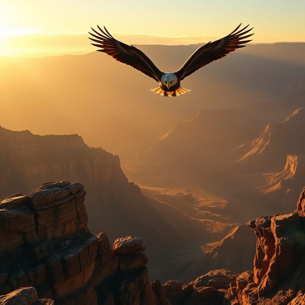 Bald Eagle Soars Over Grand Canyon at Sunset