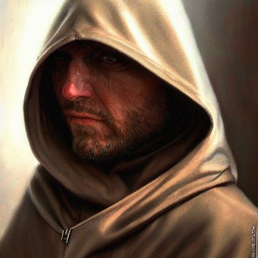 Hyperrealistic Hooded Assassin in Oil Painting Style