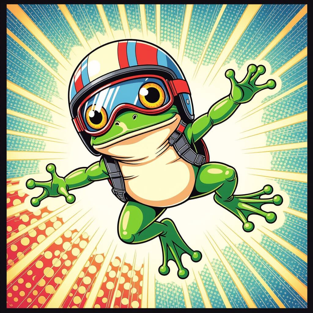Frog Skydiving in Comic Book Art Style
