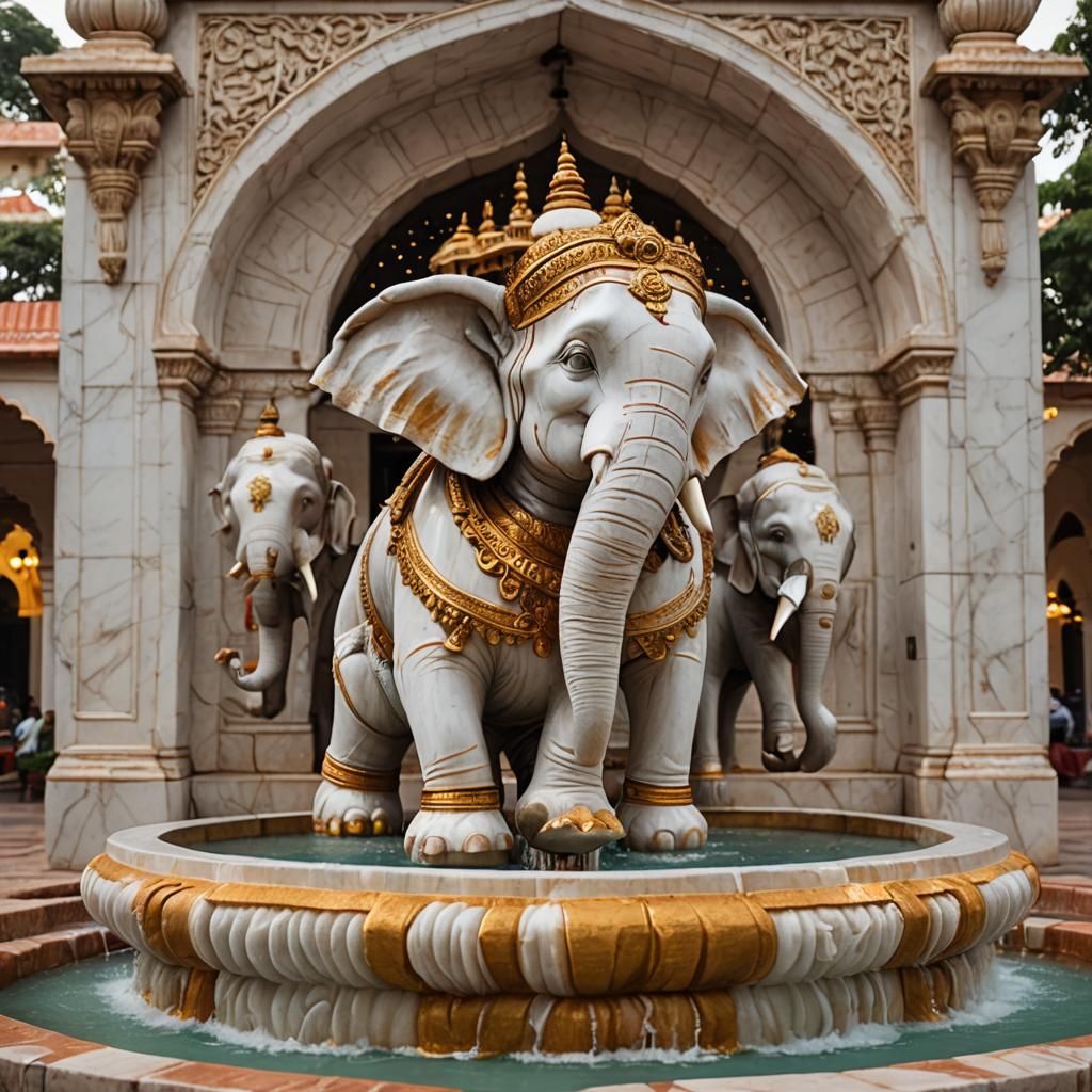 White Marble Elephant Fountain in India at Dusk
