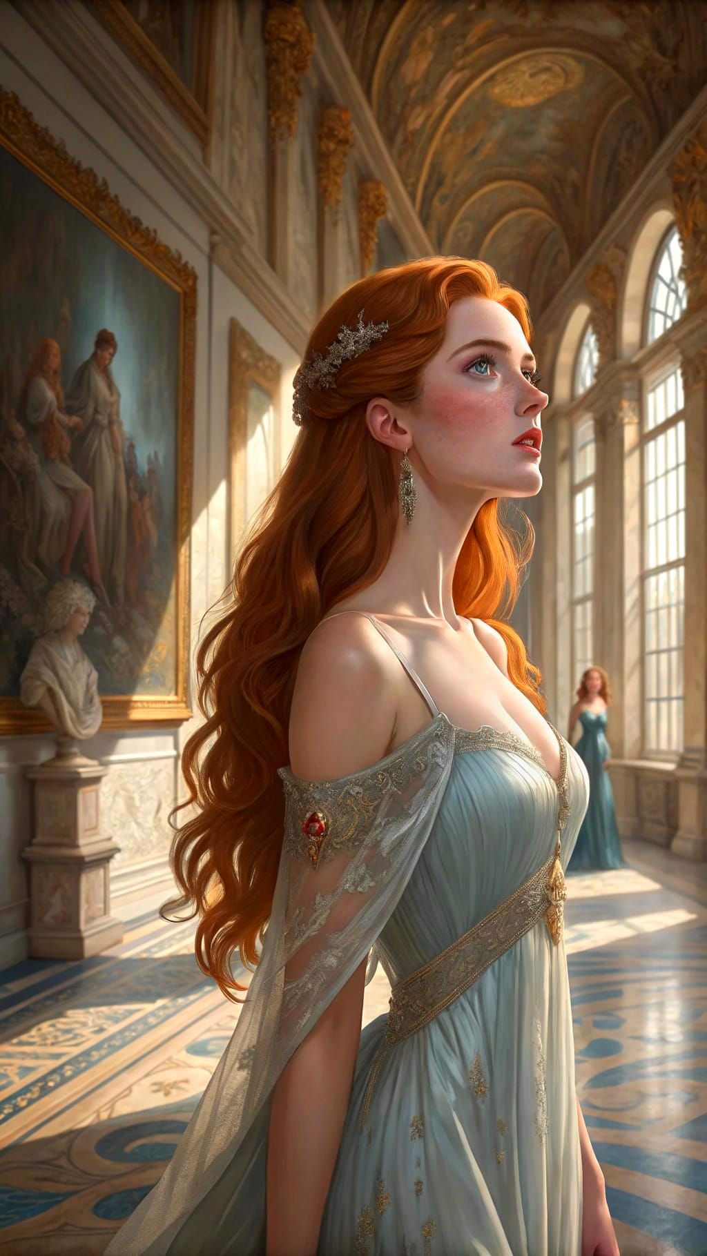 Elegant Redhead in Rococo Hall, Photorealistic