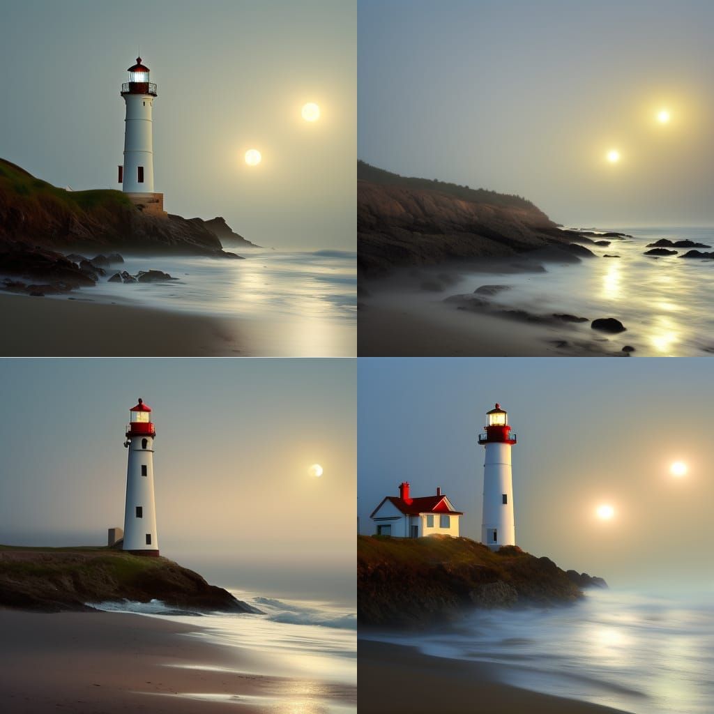 Foggy Moonlight over Shoreline Lighthouse Beach