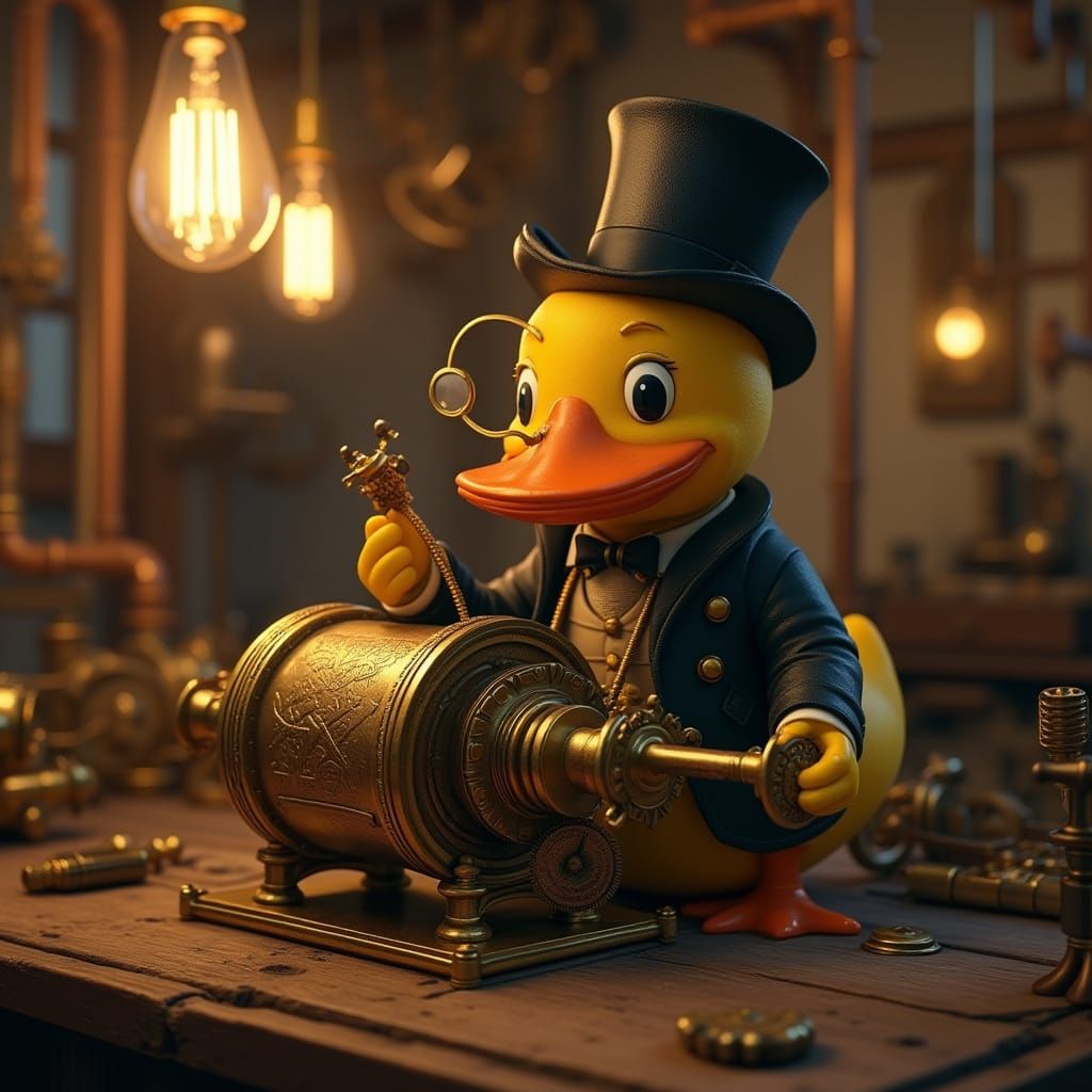 Steampunk Rubber Duck Inventor in Victorian Era Workshop