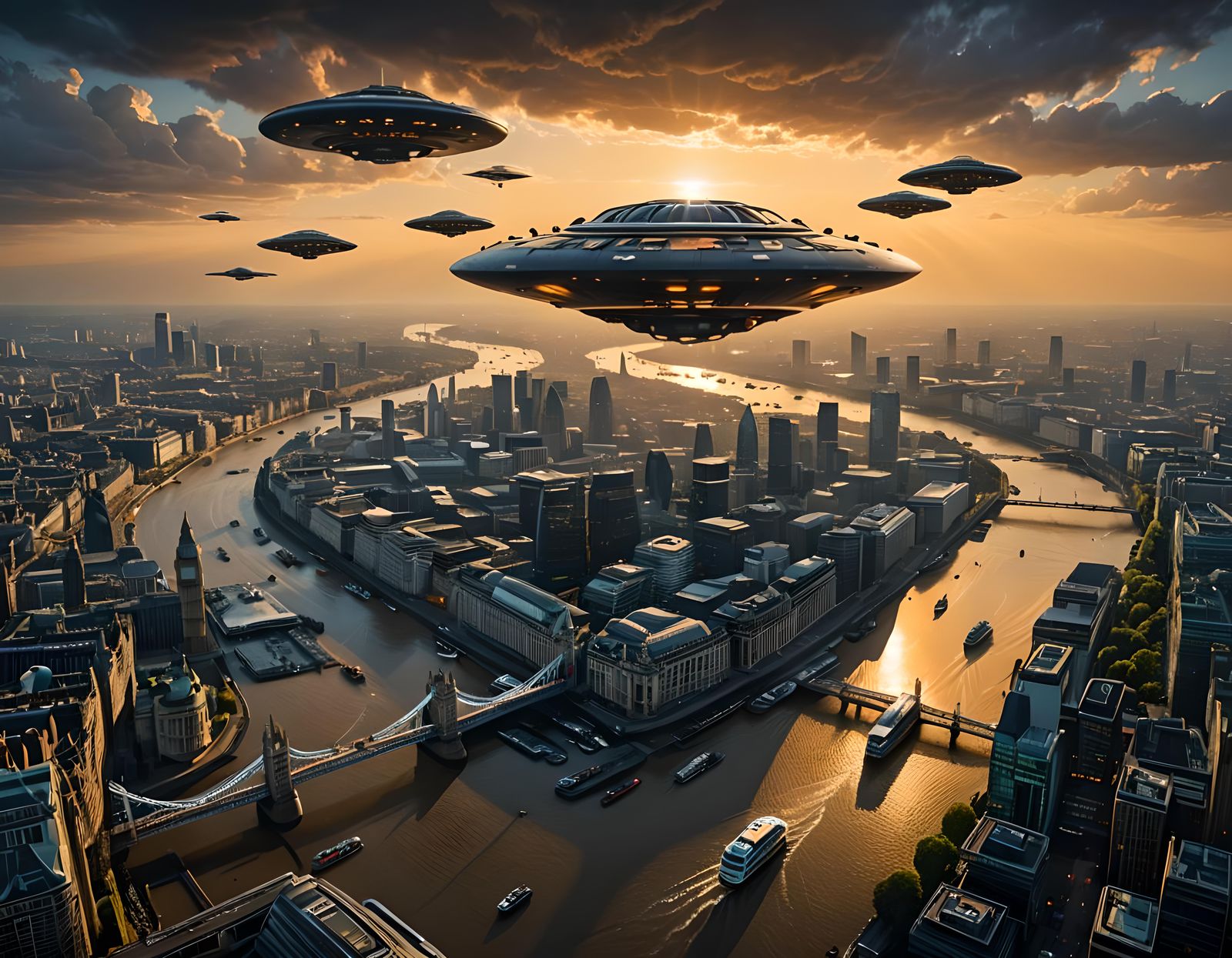 Bird's eye view of a fleet of ufo's arriving high above Lond...