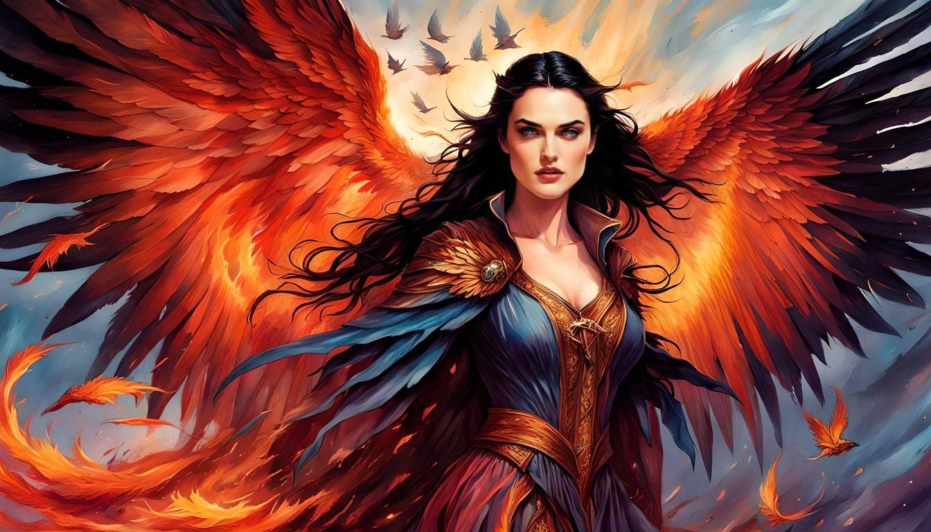 Sorceress and Phoenix in Fiery Dusk, Digital Illustration