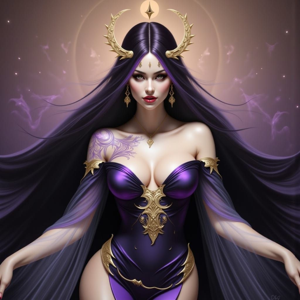 Mysterious Sorceress in Swirling Abstract Space, Amano Style