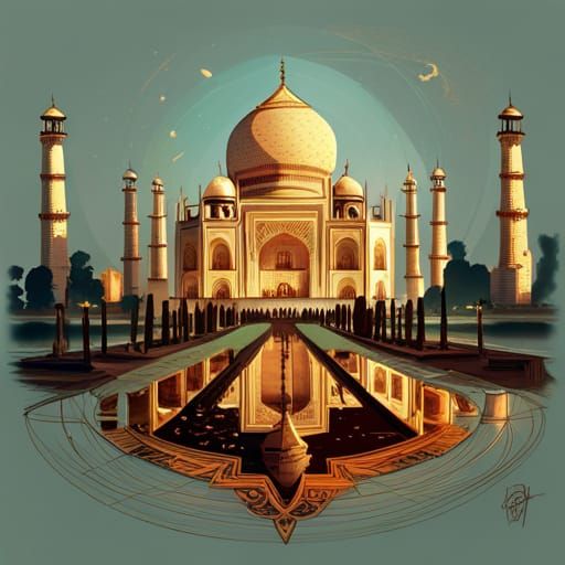 Bioluminescent Taj Mahal Digital Painting with Luminous Colo...