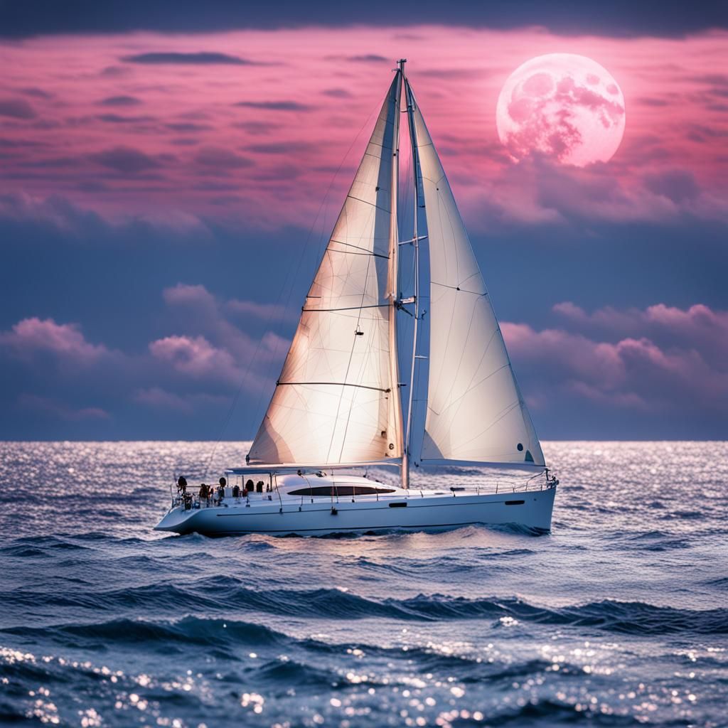Sailboat at Sea with Vivid Waves and Pink Sky