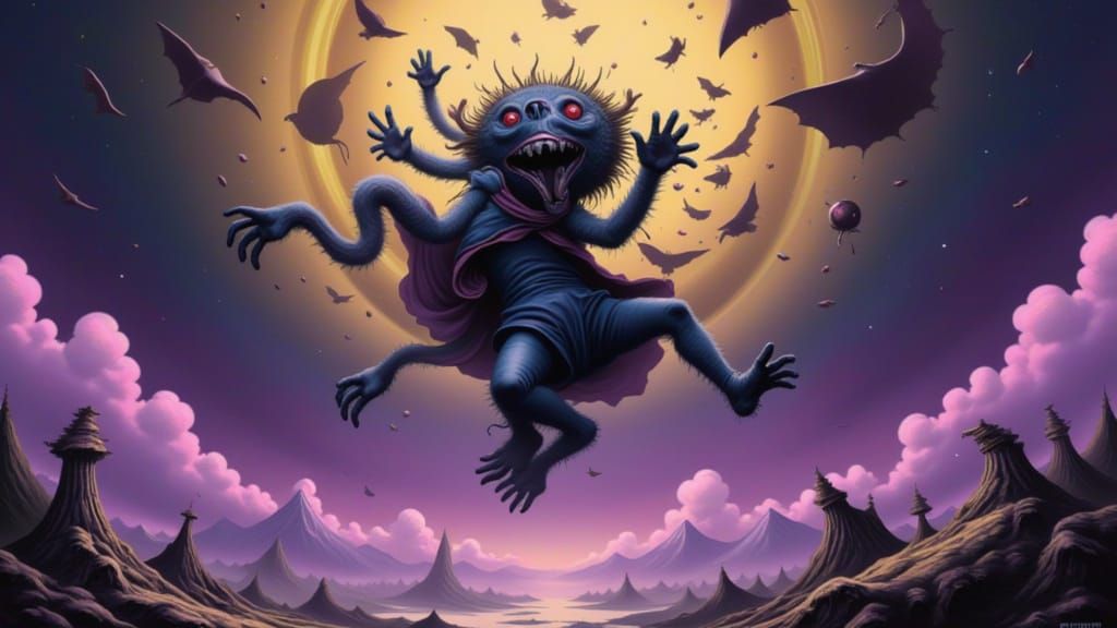 Dynamic Figure Leaping in Dark Fantasy Landscape