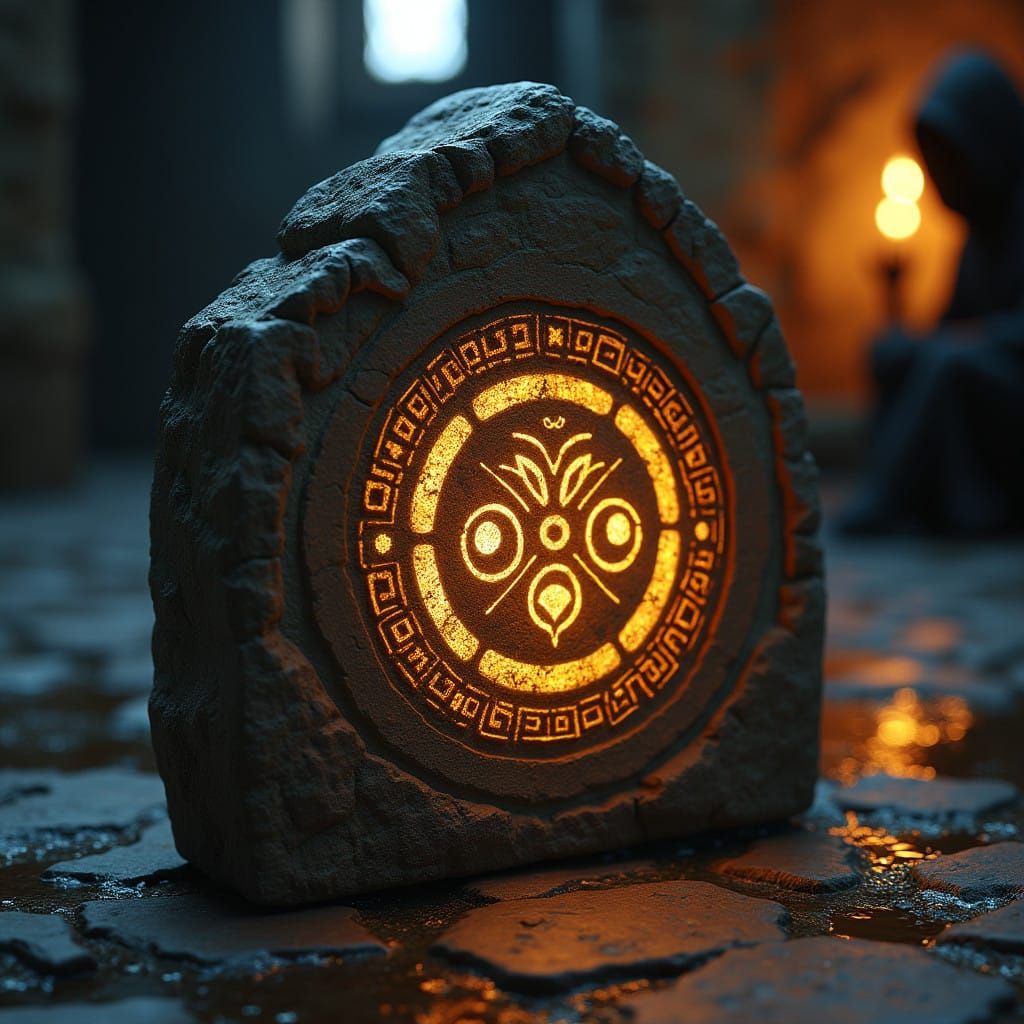 Ancient, Glowing Symbol on Weathered Stone in Candlelit Dark...