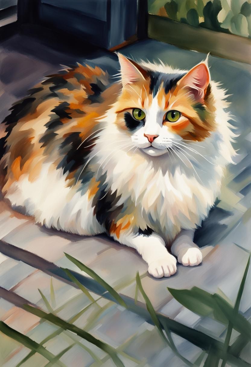 Elegant Calico Cat in Gouache Watercolor Style