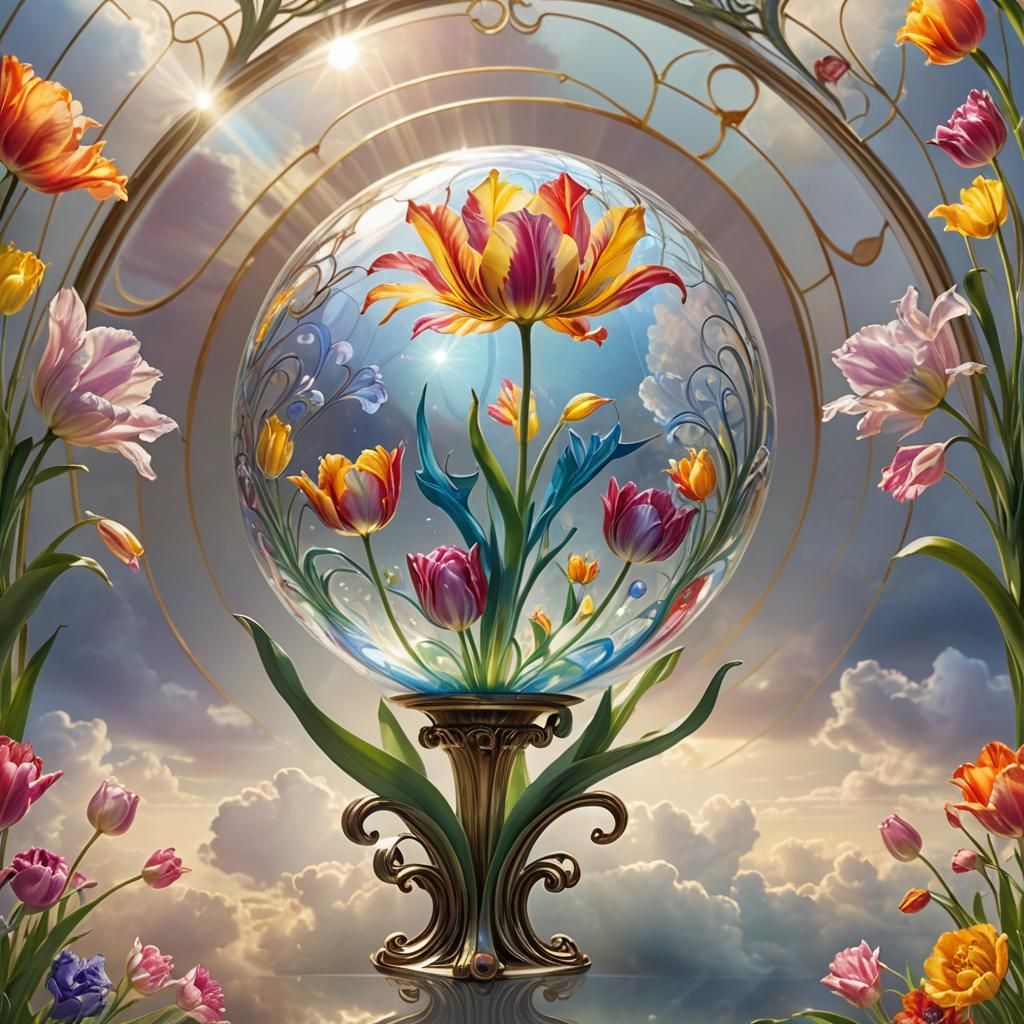 Iridescent Glass Globe with Art Nouveau Tulips