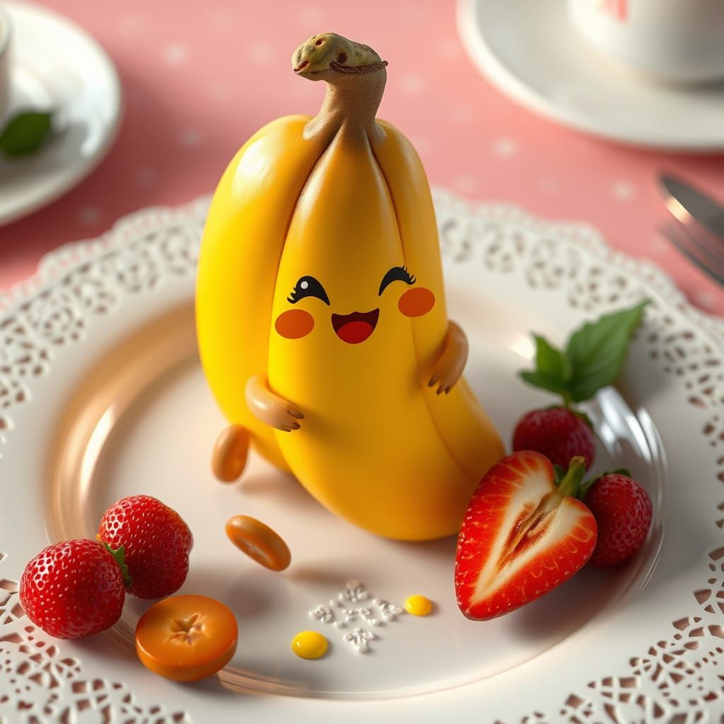 Vibrant Anime-Style Banana Sits on Elegant Dinner Plate