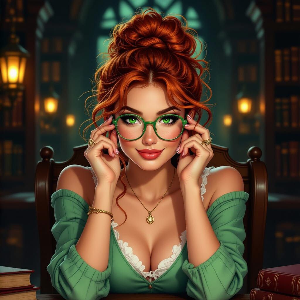 Redhead Student in Ornate Library, Fantasy Art