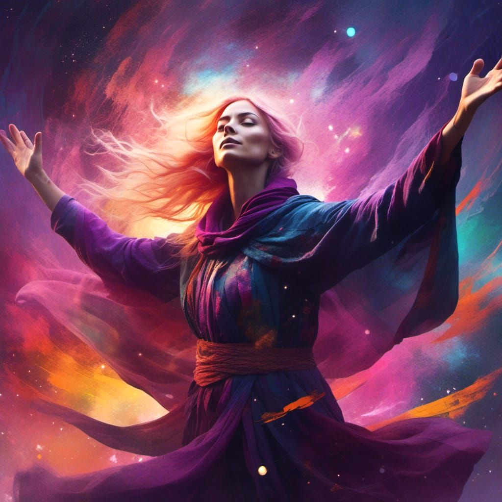 Ethereal Woman Reaching for the Stars in Oil Painting