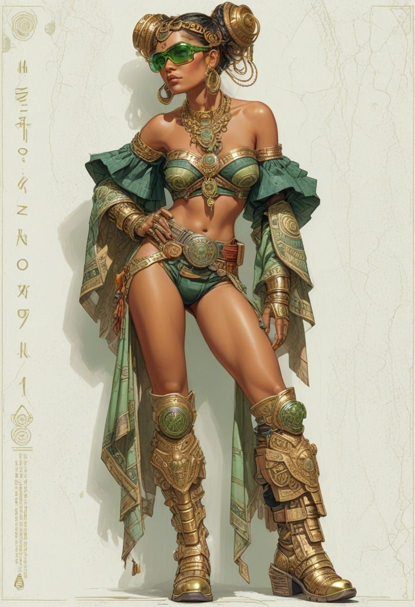 Future Mayan Warrior Woman in Elegant Sci-Fi Attire