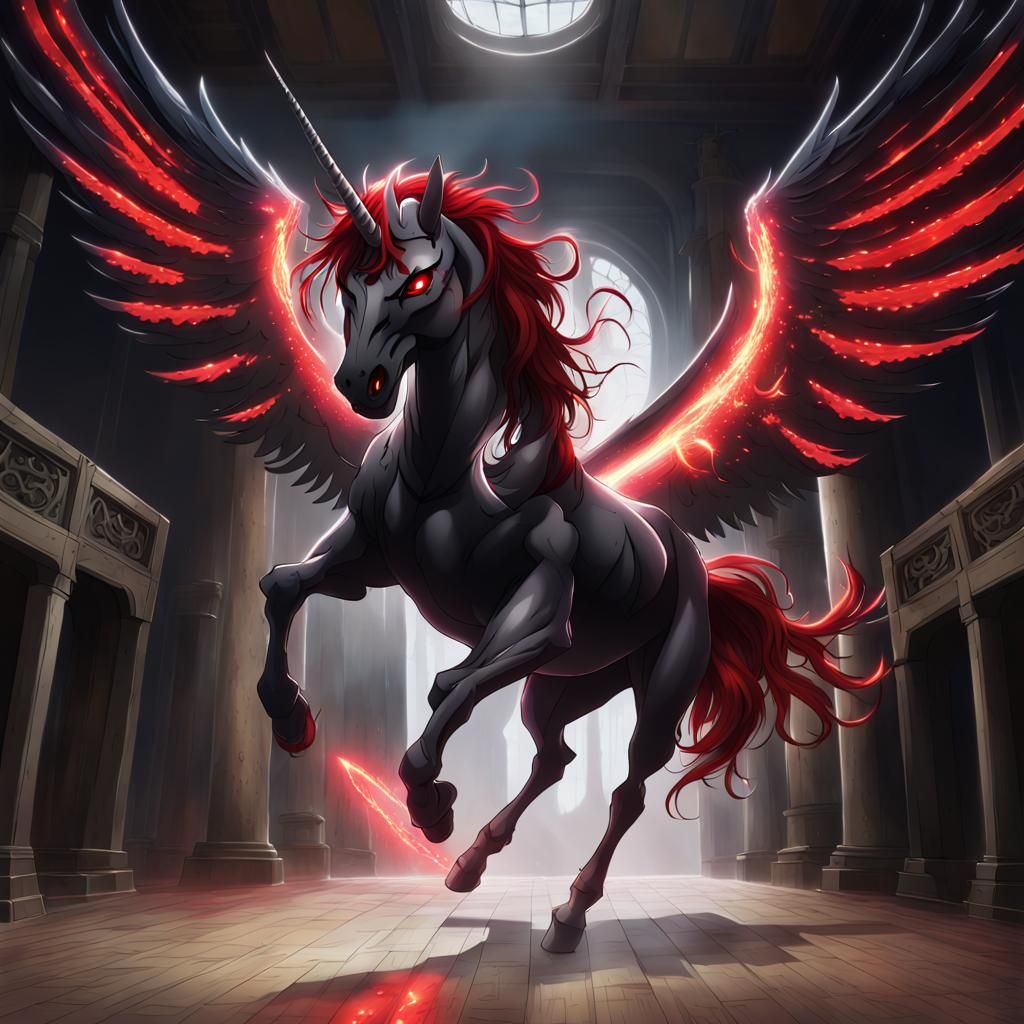 Winged Black Unicorn with Red Eyes and Mane