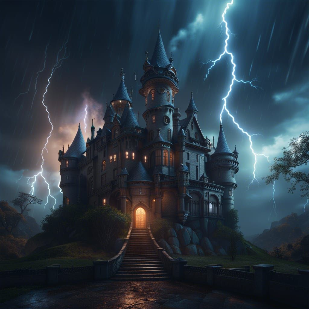 Haunted Castle with Skull Clouds in Storm