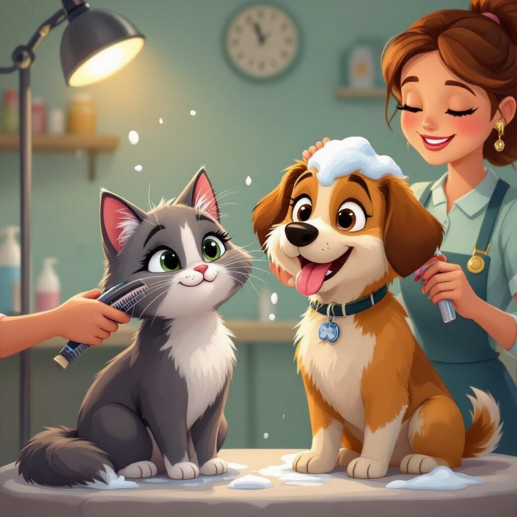 Cute Cartoon Cat and Dog Grooming in Salon